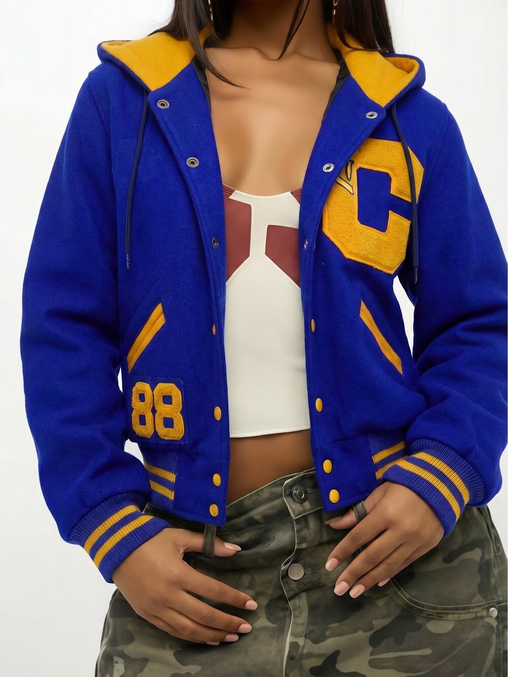 Varsity Jacket Letterman Women's Blue Gold Wool Button Front SZ S 1988 Cougars